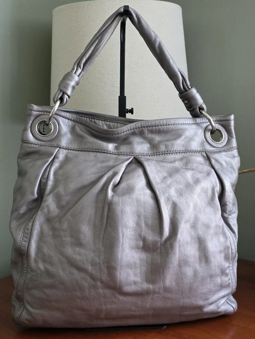 Coach F13411 Parker Shoulder Bag Metallic Silver Leather Hobo Purse Y2K